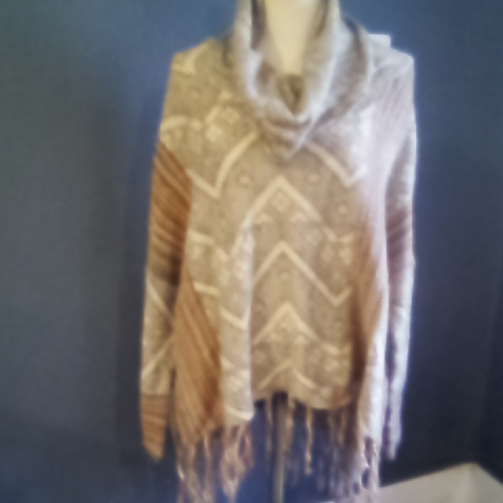 Free People Taupe & Cream Cowl Neck Fringe Poncho Sweater